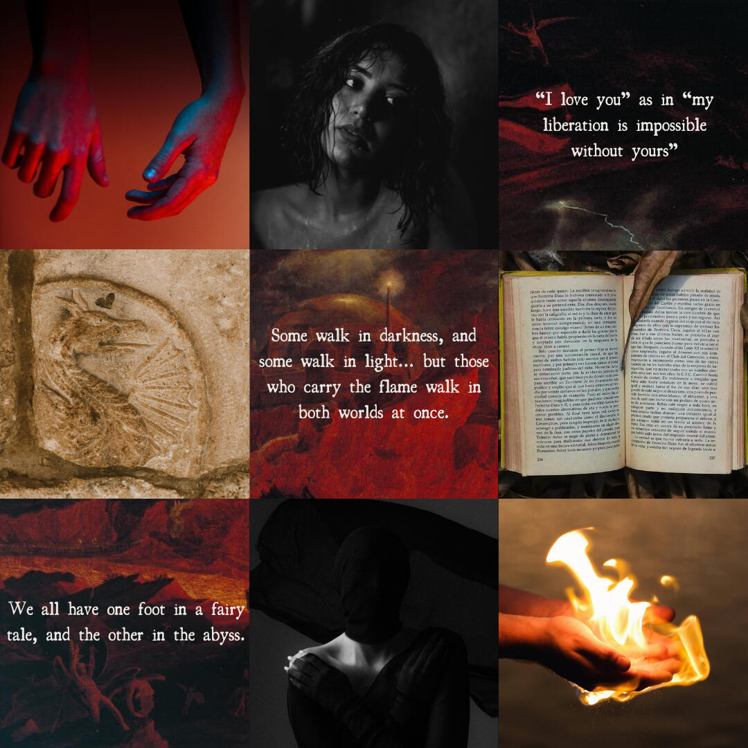 A Moodboard for WHAT VENGEANCE MIGHT BRING A moodboard grid of nine images. Top left - a pair of hands in red light. Top middle - a dark haired woman looking exhausted. Top right - text over a John Martin painting: "I love you" as in "my liberation is impossible without yours" Middle left - a carv