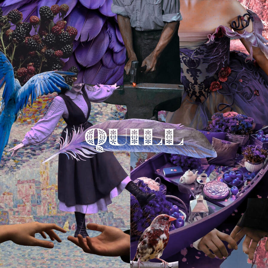 A collage for QUILL Lots of purple-hued images: A bird's wing, a flying blue bird, blackberries, a purple impressionist painting, two pairs of lovers' hands, a strawberry finch, a rowboat loaded with an afternoon date spread, a dancing woman, a woman in a purple gown, and a g