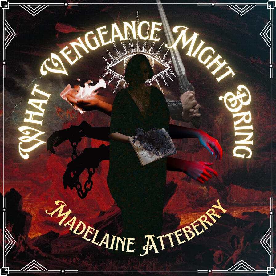 A collage image over a John Martin painting. A shadowed woman has a pair of chained hands, a pair of red/blood-soaked hands, a pair of hands gripping a sword, and a pair of hands on fire emerging from her back. In her own hands she holds a scorched book. B